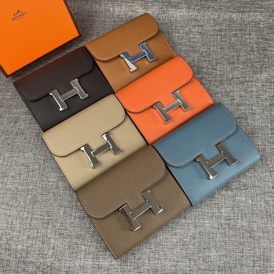 Hermes Constance pebbled silver buckle wallet